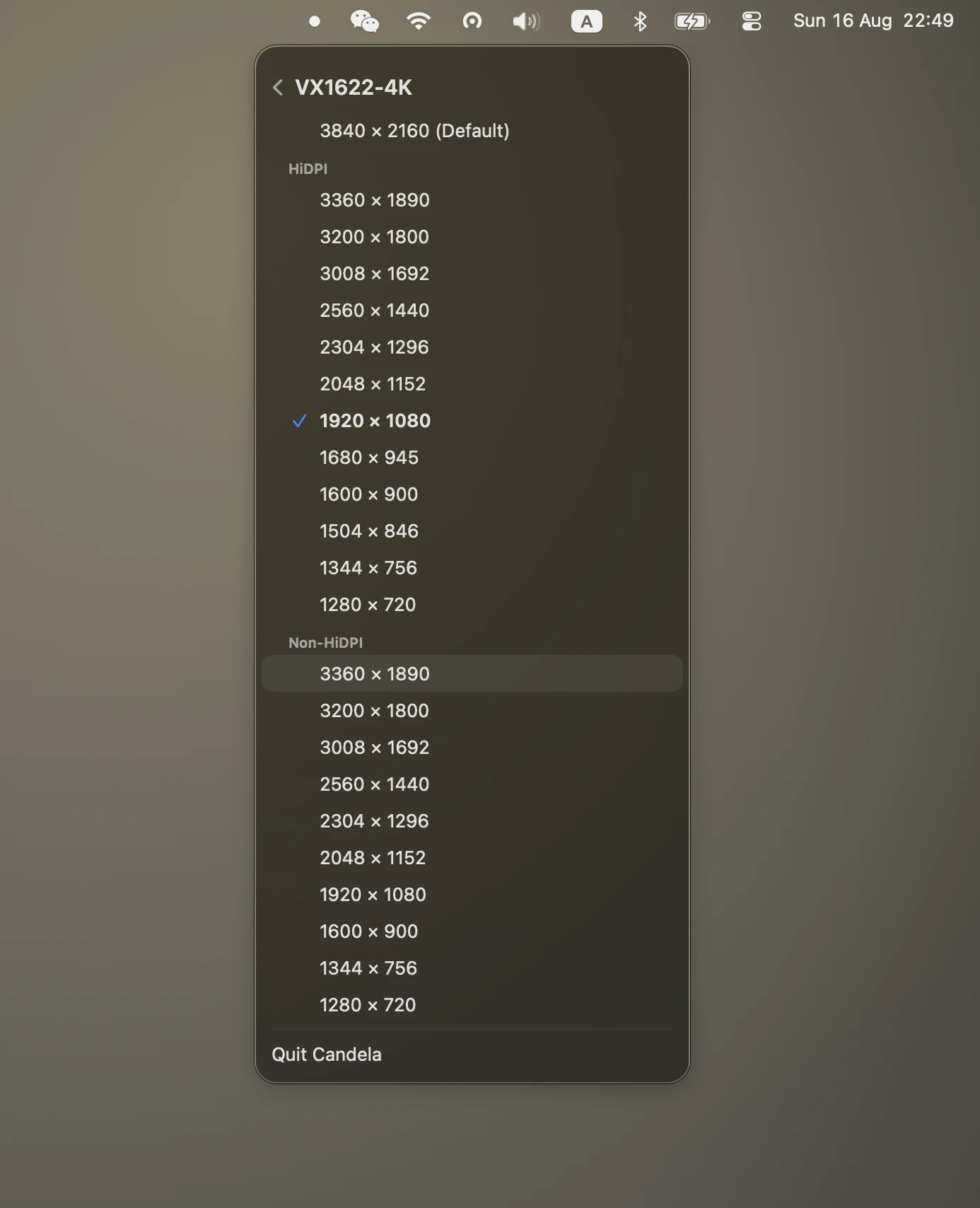 Candela's full resolution list for one display, with the sharp modes marked