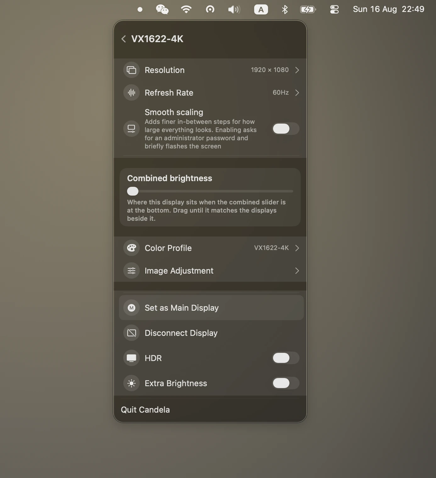 A display's own page in Candela, with the combined-brightness floor control