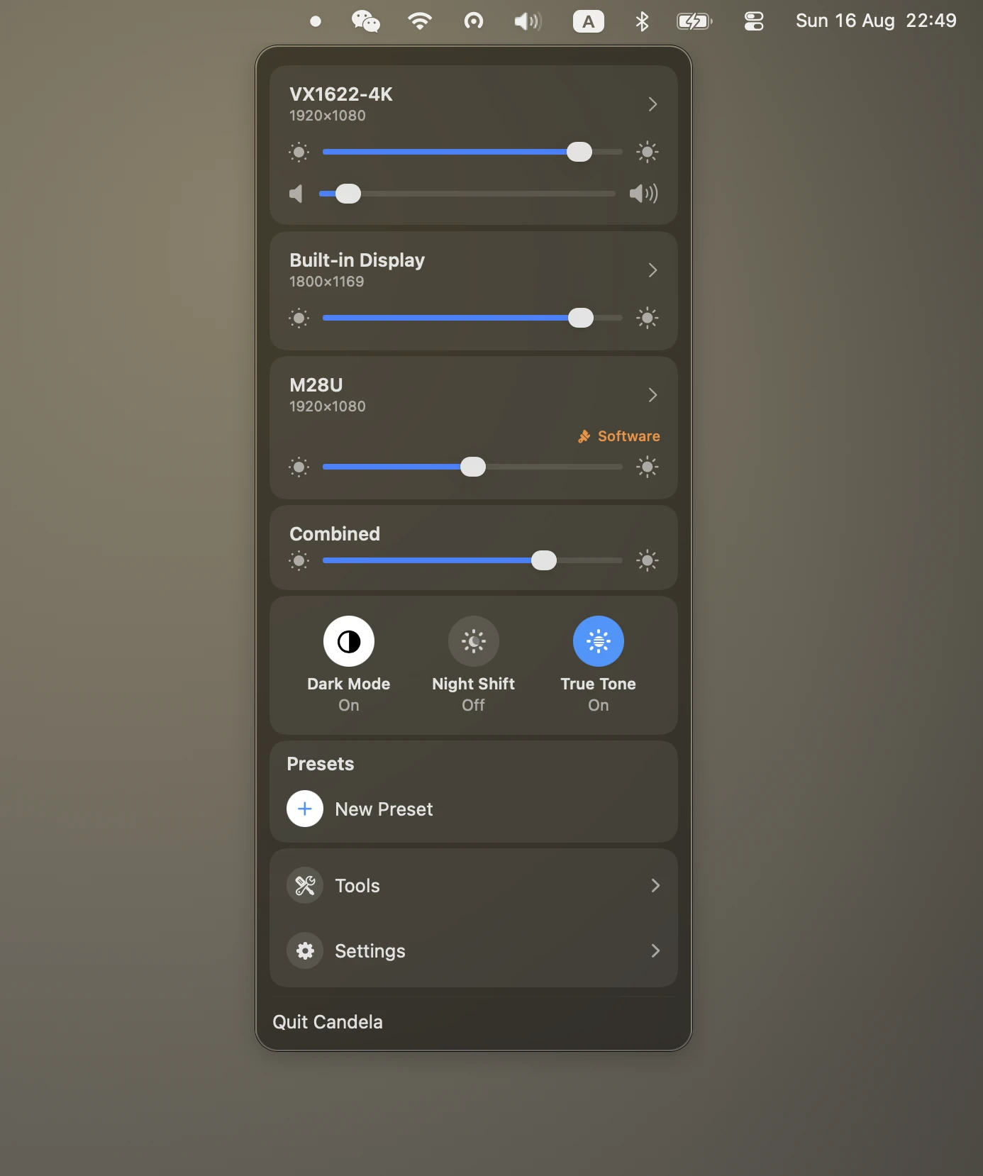 Candela's panel: each connected display with its own brightness slider, and a Combined slider driving all of them